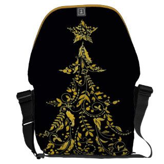 Cute Gold Retro Christmas Tree On Black Messenger Bags