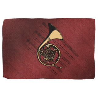 French Horn with Sheet Music ~ Burgundy Sand Hand Towels