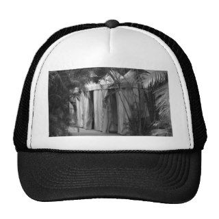 white tents behind palm fronds bw hats