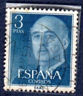 Postage Stamps Spain. One Single 3p Prussian Blue Gen. Franco Stamp Dated 1954 56, Scott #831. 