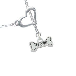 Mini ''Rescue'' Silver Dog Bone Heart Lariat Charm Necklace Pendant Necklaces Jewelry