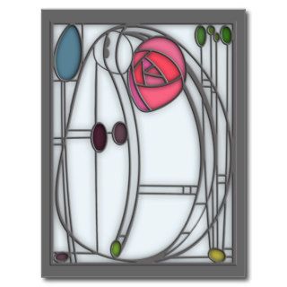 Art Nouveau Roses Design in Stained Glass Effect Postcards