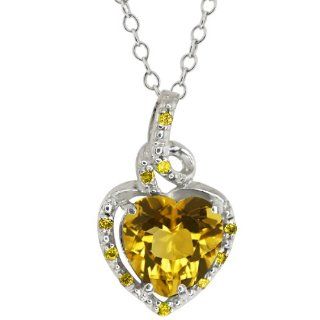 1.66 Ct Heart Shape Yellow Citrine and Canary Diamond 14k White Gold Pendant Jewelry