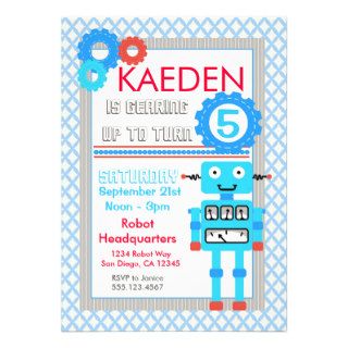 Blue Robot Birthday Invitation Modern Boys