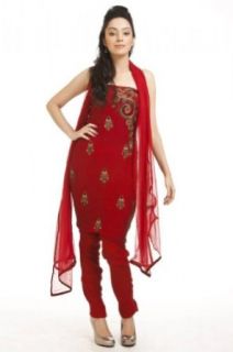 Chhabra 555 Womens Fiery Red Embroidery Suit Dupatta Unstitched One Size World Apparel Clothing