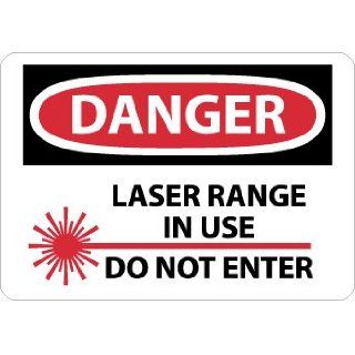 NMC D572RB OSHA Sign, Legend "DANGER   LASER RANGE IN USE DO NOT ENTER" with Graphic, 14" Length x 10" Height, Rigid Plastic, Black/Red on White Industrial Warning Signs