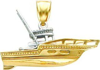 14K Two Tone Gold 3D Fishing Boat Pendant Charm Jewelry Jewelry