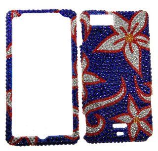 IMAGITOUCH(TM) Motorola MB810 Droid X MB870 Droid X2 Full Diamond Rhinestone Case Cover Protector   Red Silver Flowers on Blue Cell Phones & Accessories