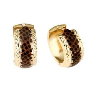 14KT Yellow Gold Diamond Cut Leopard Enamel Hinged Hoop Earrings Jewelry