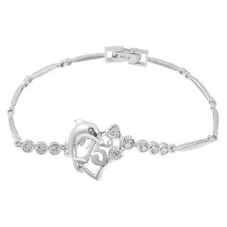 14k White Gold, 15 Anos Quinceanera Heart Dolphin Bracelet with Lab Created Gems 14mm Wide Link Bracelets Jewelry