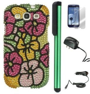 Full Diamond Rhinestone Green with Hot Pink Hawaiian Flowers Design Protector Hard Cover Case for SAMSUNG GALAXY S III S3 (AT&T, Verizon, T Mobile, Sprint, U.S. Cellular) Android Smart Phone + Luxmo Brand Travel (Wall) Charger & Car Charger + Scree