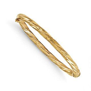 14k 6.5in Yellow Gold 5.00mm Polished and Textured Twisted Hinged Bangle Jewelry