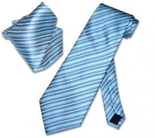 Turquoise Blue White Stripes NeckTie Handkerchief Matching Neck Tie Set at  Men�s Clothing store