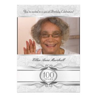 100th Birthday   Silver Damask Photo Invitation