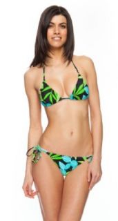 (043 OJT001 L) LiliLane Juniors Surf Inspired Tropical Floral Print 2pc Bikini Set Bathing Suit in Turquoise and Black Size L Fashion Bikini Sets