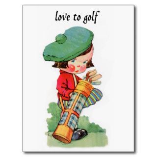 vintage children art girl loves to golf post card