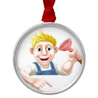 Cartoon plunger man pointing down ornament