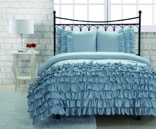 3 pieces Light Blue Textured Ruffle Soft Comforter Set, Full Size   Full Size Bedding