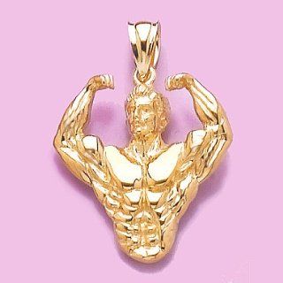 14k Gold Sports Necklace Charm Pendant, 3d Bodybuilder Posing Waist Up Million Charms Jewelry