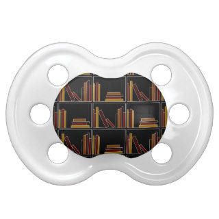 Brown, Burgundy and Mustard Color Books on Shelf. Baby Pacifiers