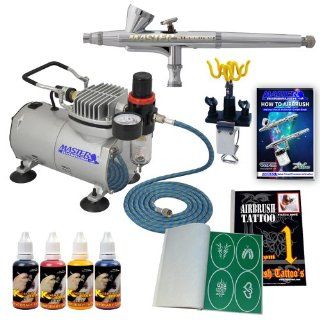 DELUXE PROFESSIONAL TEMPORARY TATTOO AIRBRUSHING SYSTEM with Compressor and Airbrush Holder and Temporary Airbrush and Tattoo Paint