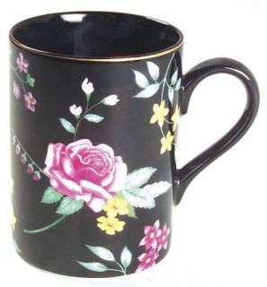 Fitz & Floyd Amboise Mug, Fine China Dinnerware   Floral On Black Border, Gold T