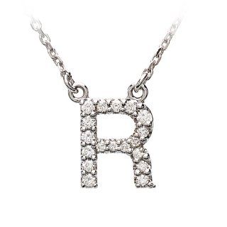 Diamond Initial Necklace in 14 Karat White Gold, Letter R Pendant Necklaces Jewelry