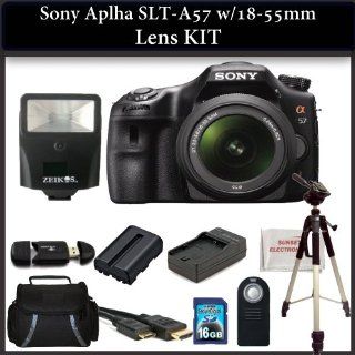 Sony Alpha SLT A57 Digital SLR Camera Kit with 18 55mm Lens. Package Includes Sony Alpha SLT A57 DSLR Camera with Sony 18 55mm f/3.5 5.6 DT AF Zoom Lens, 16GB Memory Card, Memory Card Reader, Flash, HDMI Cable, Full Size Tripod, Large Carrying Case, Exten
