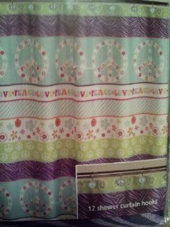 13pc Girl Pink Green Purple Peace Flower Love Zebra Fabric Shower Curtain and Hooks   Shower Curtain Decorative Hooks