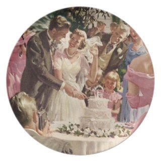 Vintage Wedding Bride Groom Newlyweds Cut Cake Party Plates