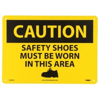 NMC C603AB OSHA Sign, Legend "CAUTION   SAFETY SHOES MUST BE WORN IN THIS AREA" with Graphics, 14" Length x 10" Height, Aluminum, Black on Yellow Industrial Warning Signs