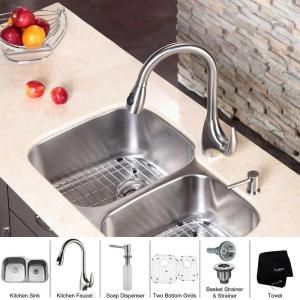 KRAUS All in One Undermount Stainless Steel 32x20 3/4x16.93 0 Hole Double Bowl Kitchen Sink with Kitchen Faucet KBU24 KPF2170 SD20