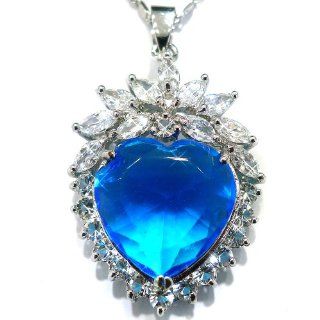Aquamarine Color CZ Heart Silver Tone Pendant with 18"Necklace P5593 Jewelry