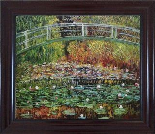 Bridge Over a Pond of Water Lilies in Summer, Monet Oil Painting, with Dark Cherry Wood Frame 25x29 Inch   Framed Art