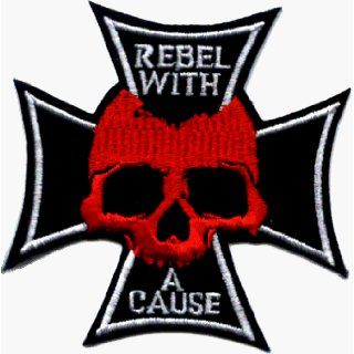 Red Skull with Iron Cross   Rebel With A Cause   Embroidered Iron On or Sew On Patch Clothing