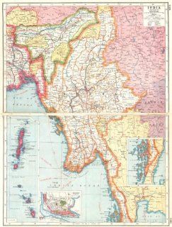 BURMA MYANMAR inset Rangoon Mergui Andaman Nicobar Islands 1920 vintage map   Wall Maps