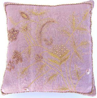 Whimsy Floral Embroidered & Beaded Silk Pillow Cushion Cover 10" x 10" Purple Lavender Lilac Gold  Throw Pillows  