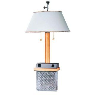 Cal BO 621 Two Light Desk Lamp with Outlet Jack, Light Oak/Brushed Steel Finish with Hardback Fabric Shade    