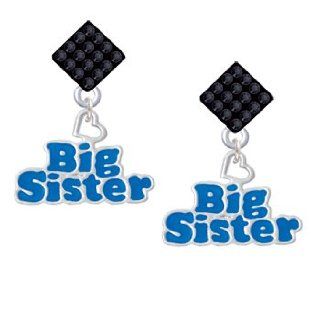 Royal Blue "Big Sister" with Heart Jet Black Crystal Diamond Shaped Lulu Post Dangle Earrings Jewelry