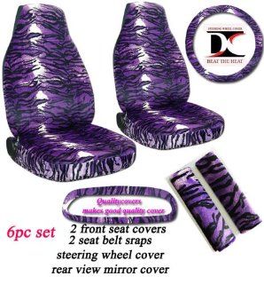 6 Piece set. Purple Tiger seat covers, steering wheel cover, seat belt cover and rear view mirror cover. Universal seat covers. Automotive