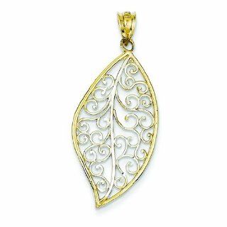 14K Gold & Rhodium Diamond cut Leaf Pendant Jewelry