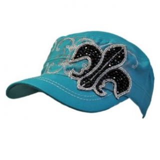Luxury Divas Teal Blue Cotton Military Cap Hat With Beaded Fleur De Lis