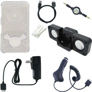 Premium Sony Walkman Accessories Combo Bundle Pack Clear Crystal Case Cover, Car Charger, Wall / Travel / AC Adapter Charger, 2in1 Sync USB Cable, 3.5mm Auxillary / Stereo Retractable Cable, Belt Clip, and Black Foldable Speakers for the Sony Walkman NWZ 