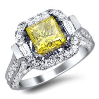 3.07ct Canary Fancy Yellow Princess Cut Diamond Engagement Ring 18k White Gold Jewelry