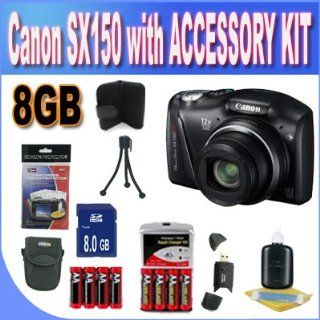Canon PowerShot SX150 IS 14.1 MP Digital Camera with 12x Wide Angle Optical Image Stabilized Zoom with 3.0 Inch LCD (Black) W/8GB SDHC Memory + Memory Card Wallet + 2 Sets of Rechargeable Batteries + Charger + SDHC Card Reader + LCD Screen Protectors + Cas