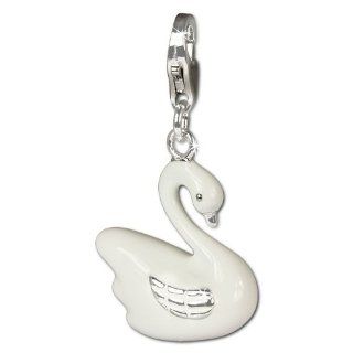 SilberDream Charm enameled white swan, 925 Sterling Silver Charms Pendant with Lobster Clasp for Charms Bracelet, Necklace or Earring FC645 SilberDream Jewelry