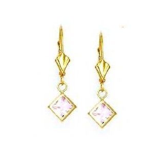 14k Yellow 5 mm Square Rose Pink CZ Drop Lever Back Earrings   JewelryWeb Jewelry