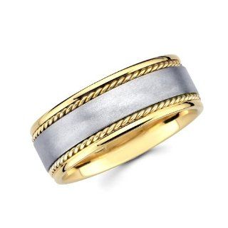 14K Yellow and White 2 Two Tone Gold 8mm Rope Brushed Designer Wedding Band The World Jewelry Center Jewelry