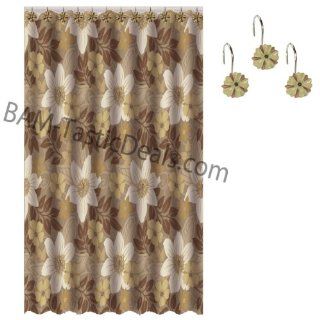 ORCHIDS Brown/Taupe/Gold Fabric Shower Curtain with 12 Matching Metal/Ceramic Shower Curtain Hooks/Rings + Clear Vinyl Liner   Retro Shower Curtain