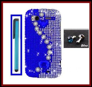 Luxury Diamonds Rhinestones for HTC Sensation 4G T Mobile Glossy Diamonds Bling with Pearls Blue Heart Design Snap on Case Cover Front/Back + Blue Stylus Touch Screen Pen + One FREE Blue 3.5mm Bling Headset Dust Plug Cell Phones & Accessories